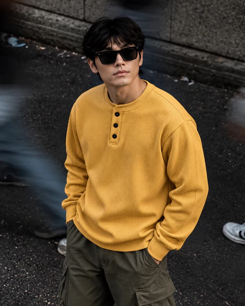 SFT54 Brown Long Sleeve Ribbed Henley Sweatshirt